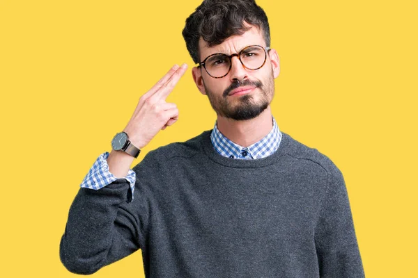Ung Snygg Smart Man Glasögon Över Isolerade Bakgrund Skytte Och — Stockfoto