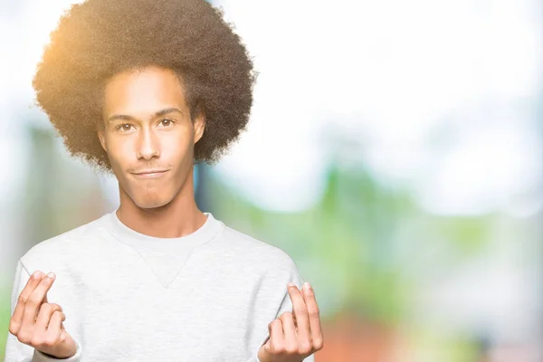 Americký Mladík Afro Vlasy Nosí Sportovní Mikina Dělá Peníze Gesto — Stock fotografie