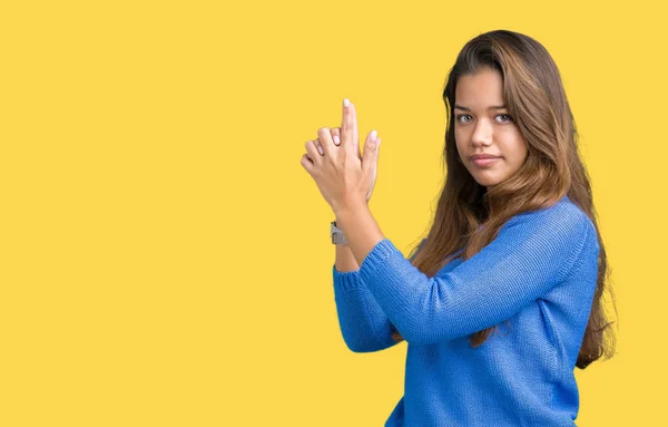 Jovem Bela Mulher Morena Vestindo Camisola Azul Sobre Fundo Isolado — Fotografia de Stock