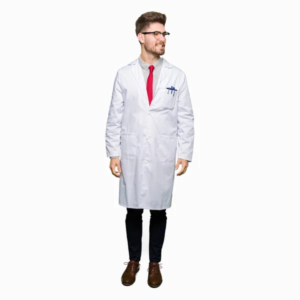 Young Handsome Scientist Man Wearing Glasses Looking Away Side Smile — Stock Photo, Image