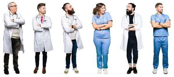 Collage Grupo Médicos Cirujanos Personas Sobre Fondo Blanco Aislado Sonriendo —  Fotos de Stock