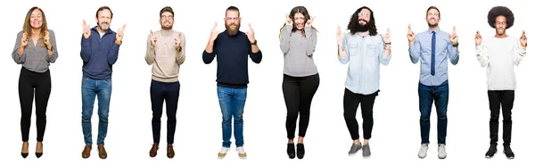 Collage Van Mensen Witte Geïsoleerde Achtergrond Glimlachend Kruising Vingers Met — Stockfoto