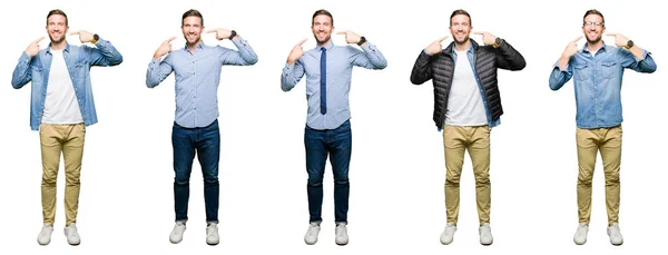Collage Eines Attraktiven Jungen Mannes Vor Weißem Hintergrund Der Selbstbewusst — Stockfoto