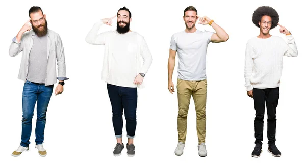 Collage Grupo Jóvenes Sobre Fondo Blanco Aislado Sonriendo Señalando Cabeza — Foto de Stock