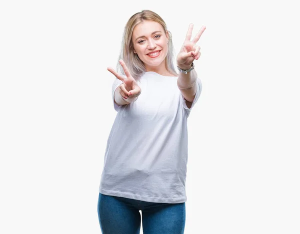 Young Blonde Woman Isolated Background Smiling Looking Camera Showing Fingers — Stock Photo, Image