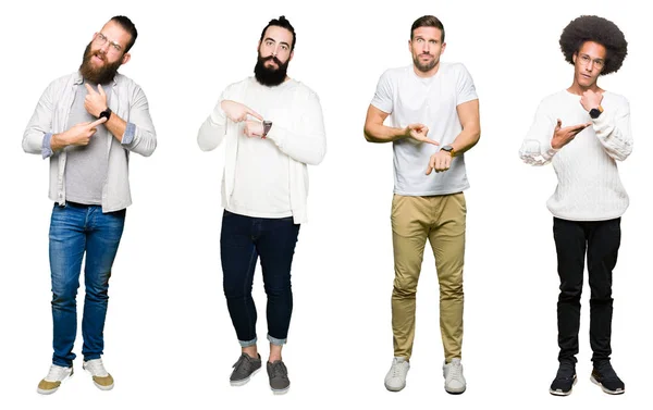Collage Grupp Unga Män Över Vit Isolerade Bakgrund Hast Pekar — Stockfoto