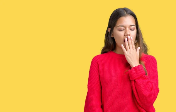 Joven Hermosa Mujer Morena Vistiendo Suéter Rojo Invierno Sobre Fondo —  Fotos de Stock