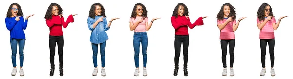 Collage Belle Jeune Femme Aux Cheveux Bouclés Sur Fond Blanc — Photo