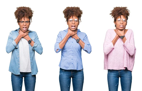 Colagem Jovem Bela Menina Africana Sobre Fundo Isolado Gritando Sufocar — Fotografia de Stock