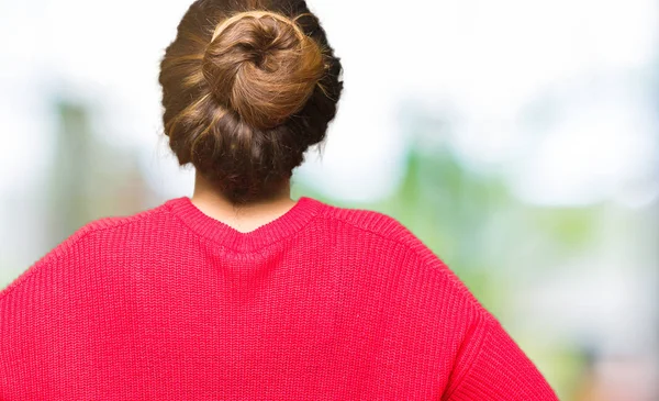 Young Beautiful Woman Wearing Red Sweater Bun Standing Backwards Looking — Stock Photo, Image