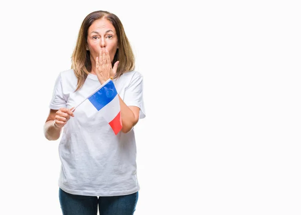 Medelåldern Spansktalande Kvinna Hålla Flagg Över Isolerade Bakgrund Täcker Munnen — Stockfoto