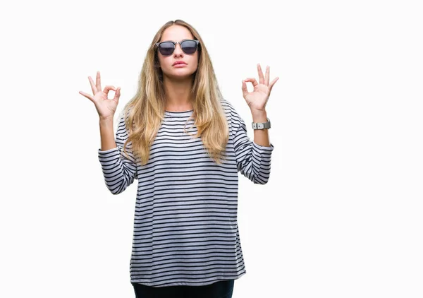 Young Beautiful Blonde Woman Wearing Sunglasses Isolated Background Relax Smiling — Stock Photo, Image