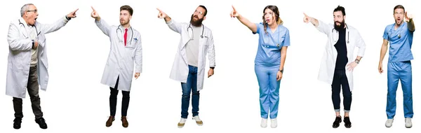 Collage Groupe Médecins Chirurgiens Personnes Sur Fond Blanc Isolé Pointant — Photo