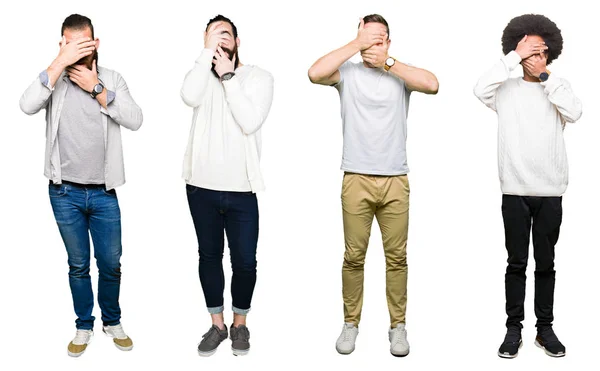 Коллаж Группы Молодых Людей Белом Изолированном Фоне Закрывающих Глаза Рот — стоковое фото