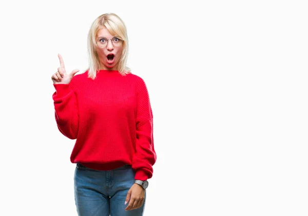 Joven Hermosa Mujer Rubia Con Suéter Gafas Sobre Fondo Aislado — Foto de Stock