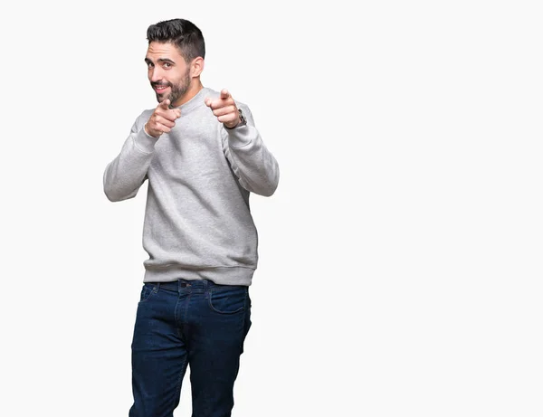 Young Handsome Man Wearing Sweatshirt Isolated Background Pointing Fingers Camera — Stock Photo, Image