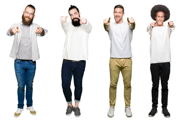 Collage Grupp Unga Män Över Vita Isolerade Bakgrund Peka Dig — Stockfoto
