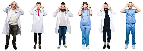 Collage Group Doctors Surgeons People White Isolated Background Trying Open — Stock Photo, Image