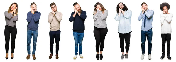 Colagem Pessoas Sobre Fundo Isolado Branco Dormindo Cansado Sonhando Posando — Fotografia de Stock