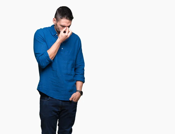 Joven Hombre Guapo Sobre Fondo Aislado Cansado Frotando Nariz Los — Foto de Stock