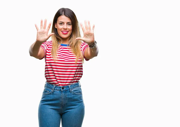 Young Beautiful Woman Casual Look Isolated Background Showing Pointing Fingers — Stock Photo, Image