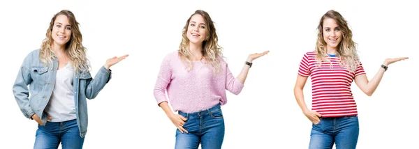 Colagem Jovem Linda Menina Loira Sobre Fundo Isolado Sorrindo Alegre — Fotografia de Stock