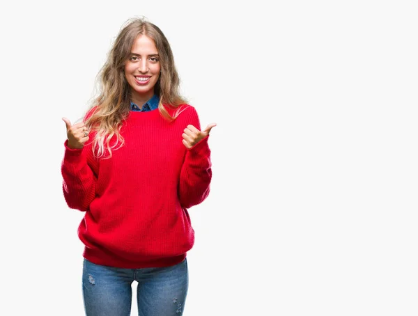 Beautiful Young Blonde Woman Wearing Winter Sweater Isolated Background Success — Stock Photo, Image