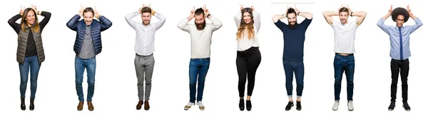 Koláž Lidí Bílé Izolované Pozadí Vydává Legrační Bláznivé Prsty Hlavu — Stock fotografie