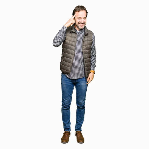 Middle Age Handsome Man Wearing Winter Vest Smiling Pointing Head — Stock Photo, Image