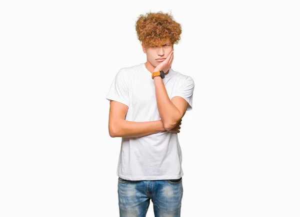 Young Handsome Man Afro Hair Wearing Casual White Shirt Thinking — Stock Photo, Image