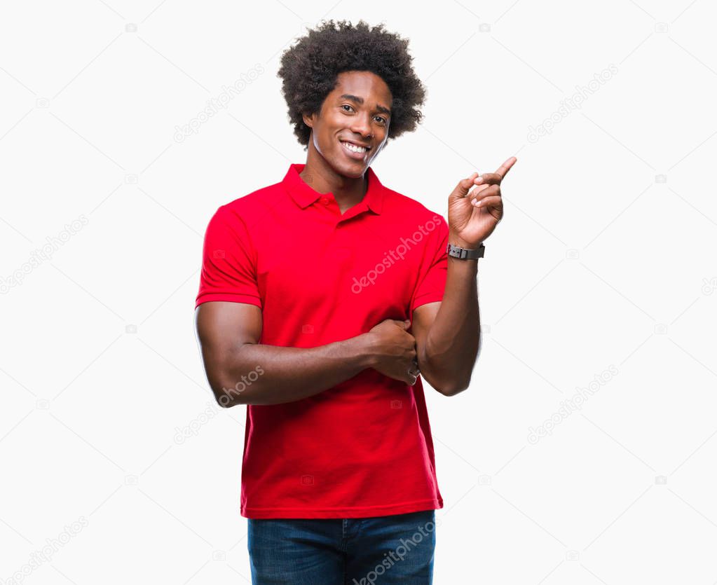 Afro american man over isolated background with a big smile on face, pointing with hand and finger to the side looking at the camera.