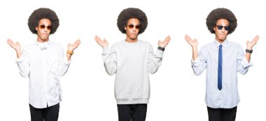 Kolaj üzerinde beyaz izole arka plan clueless ve şaşkın bir ifadeyle kollar ve eller kaldırdı afro saçlı Genç adam. Şüphe kavramı.