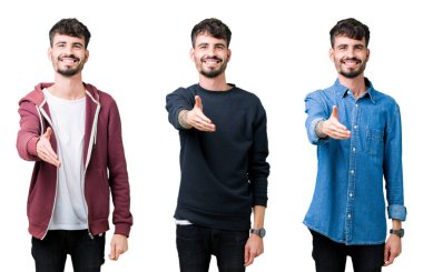 Tebrik ve konuksever dost sunan karşılıklı gülümseyen izole arka plan üzerinde genç adam kolaj. Başarılı iş.