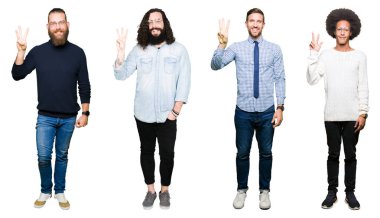 Kolaj genç erkekler üzerinde gösterilen ve parmakları ile işaret beyaz izole arka plan Grubu'nun üçüncü ise kendinden emin ve mutlu gülümseyerek.