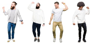 Grup hareketli rahat ve kendinden emin müzik gülümseyen genç dans mutlu ve neşeli, beyaz izole arka plan üzerine kolaj