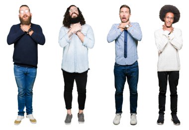 Kolaj bir grup genç adam beyaz izole üzerinde arka plan bağırarak ve çünkü boğmak acı kendi ellerimle öldürürüm. Sağlık sorunu. Yaralarından ve intihar kavramı.