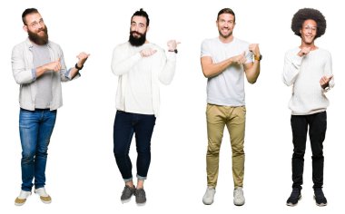 Kolaj bir grup genç adam beyaz izole üzerinde emin gülümseyen işaretleme arkasından el ve başparmak yukarıya, için arka plan