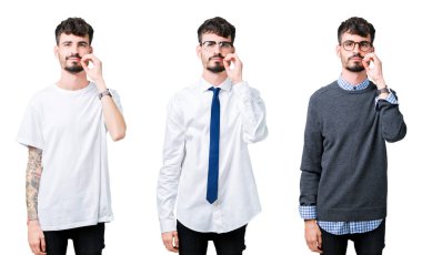 Kolaj gencin izole arka plan ağız ve dudaklar parmak ile ZIP olarak kapat. Gizli ve sessiz, tabu söz