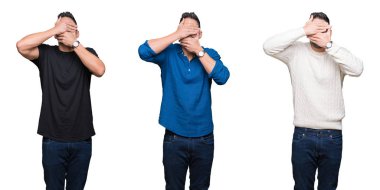 Yakışıklı adam beyaz izole kolaj kapsayan gözleri arka plan ve şaşırttı ve şok ellerle ağız. Duygu gizleme