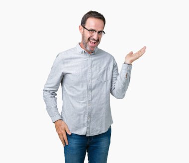 Neşeli sunulması ve kameraya bakarak avucunun ile işaret gülümseyen izole arka plan üzerinde gözlük takan yakışıklı orta yaş zarif komuta sizde.