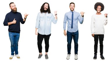 Genç erkekler arıyorum ve başparmak yanında yukarıyı mutlu yüz ile gülümseyen beyaz izole arka plan üzerinde Grubu'nun kolaj.