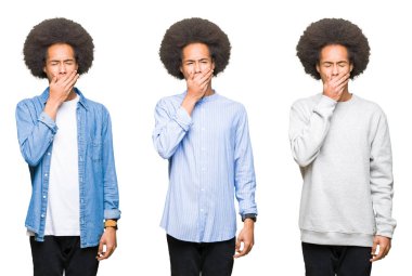 Beyaz izole arka plan üzerinde afro saçlı Genç adam kolaj el ağzıyla kapsayan yorgun esneme sıkılmış. Restless ve uyku hali.