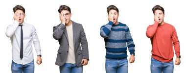 Genç yakışıklı iş adamı yarım yüz, göz ve ağız el ile kapsayan Yawning yorgun izole arka plan üzerinde kolaj. Acı yüzü acıyor.