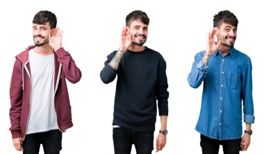 Kolaj bir söylenti ya da dedikodu için bir işitme dinlerken kulak üzerinde el ile gülümseyen izole arka plan üzerinde genç adam. Sağırlık kavramı.