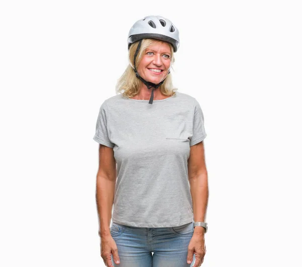 Donna Ciclista Caucasica Mezza Età Che Indossa Casco Sicurezza Sfondo — Foto Stock