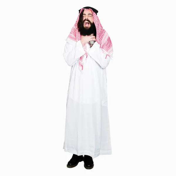 Arabský Obchodník Dlouhými Vlasy Nosí Tradiční Palestinou Šátek Křiku Udusit — Stock fotografie