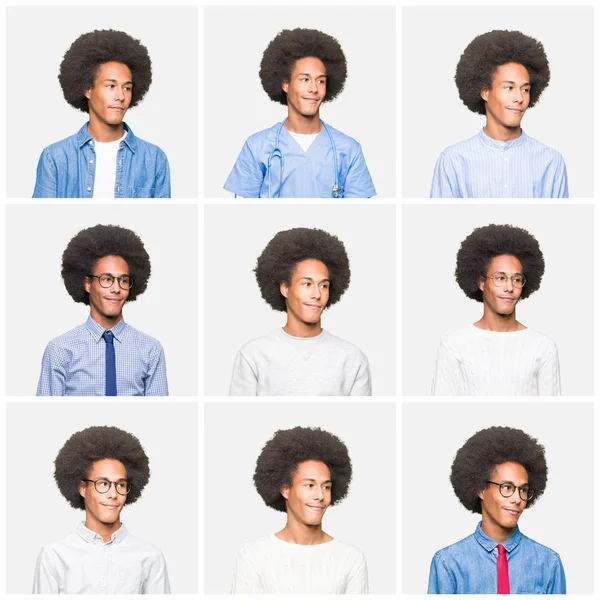 Koláž Mladého Muže Afro Vlasy Bílé Izolované Pozadí Pohledu Daleko — Stock fotografie