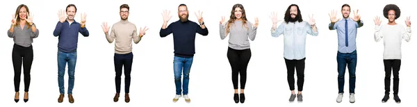 Collage People White Isolated Background Showing Pointing Fingers Number Eight — Stock Photo, Image