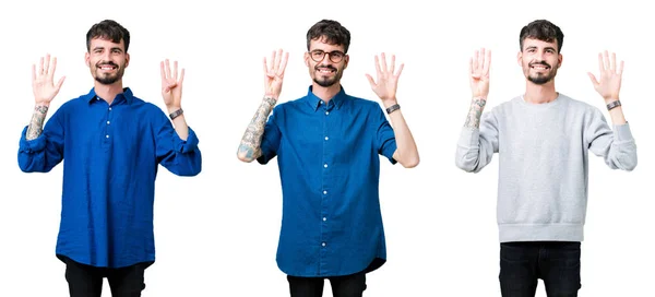 Коллаж Молодого Человека Изолированном Фоне Показывает Указывает Пальцами Номер Девять — стоковое фото