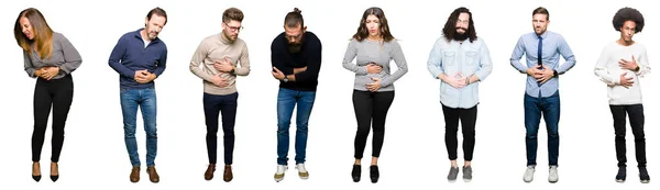 Collage Personas Sobre Fondo Blanco Aislado Con Mano Estómago Porque —  Fotos de Stock